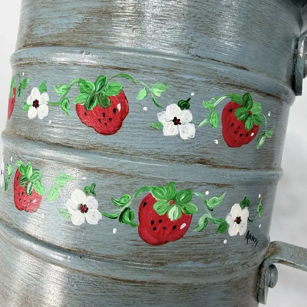 Handpainted Blue Strawberry Blossoms Metal Measuring Cup Planter Vase 6